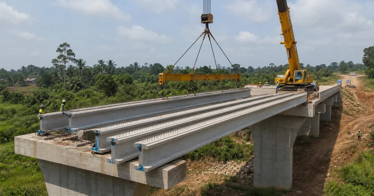 PRECAST.WORLD technical scene of prestressed concrete T beams being placed on a rural bridge site