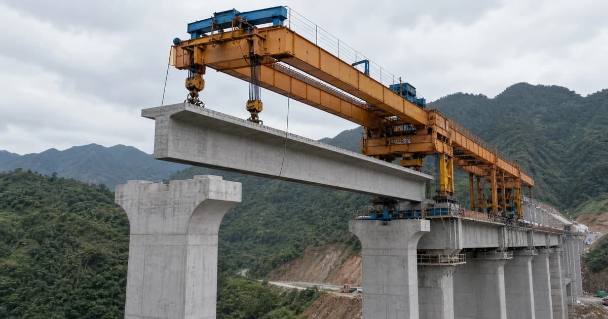 PRECAST.WORLD technical scene of a bridge girder launcher placing a precast concrete T beam on railway bridge piers